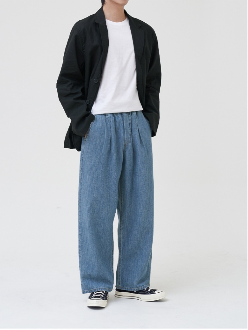 토피 데님 턱 와이드 밴딩팬츠 라이트블루 M (새상품)