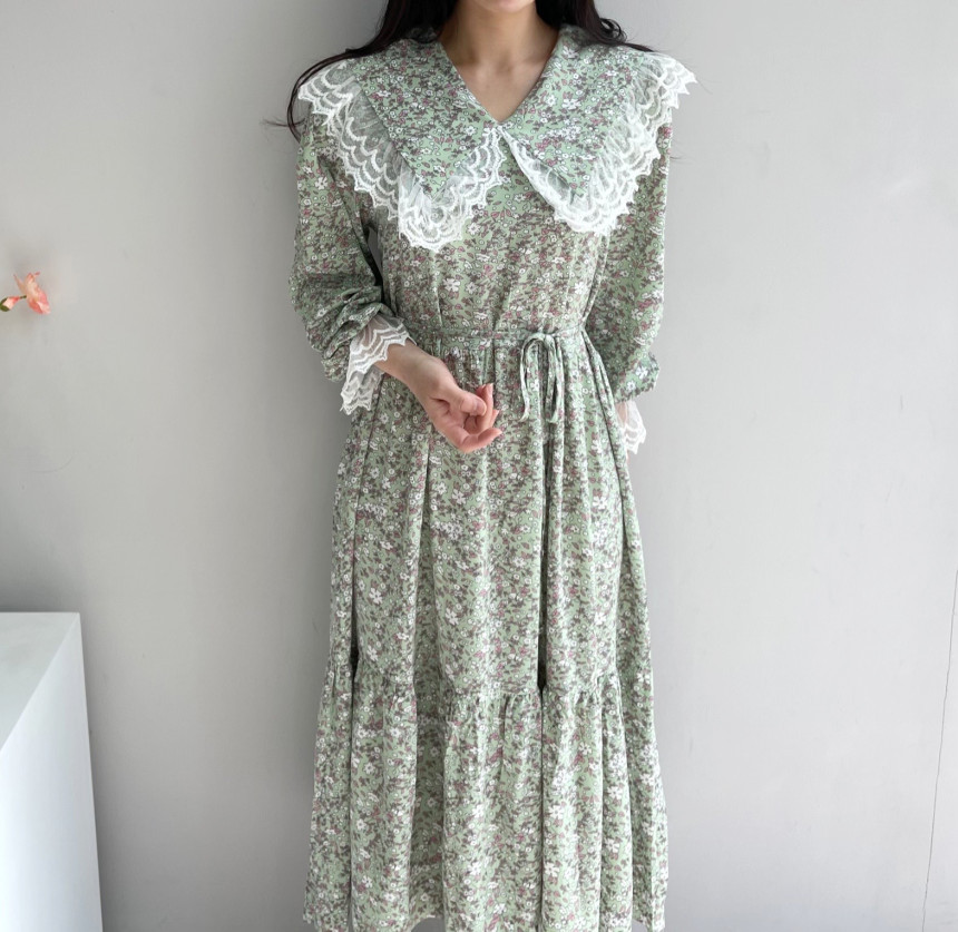 레이스넥 미니꽃 잔꽃 로맨틱 포켓 박시롱원피스 레이스 벨트 롱원피스