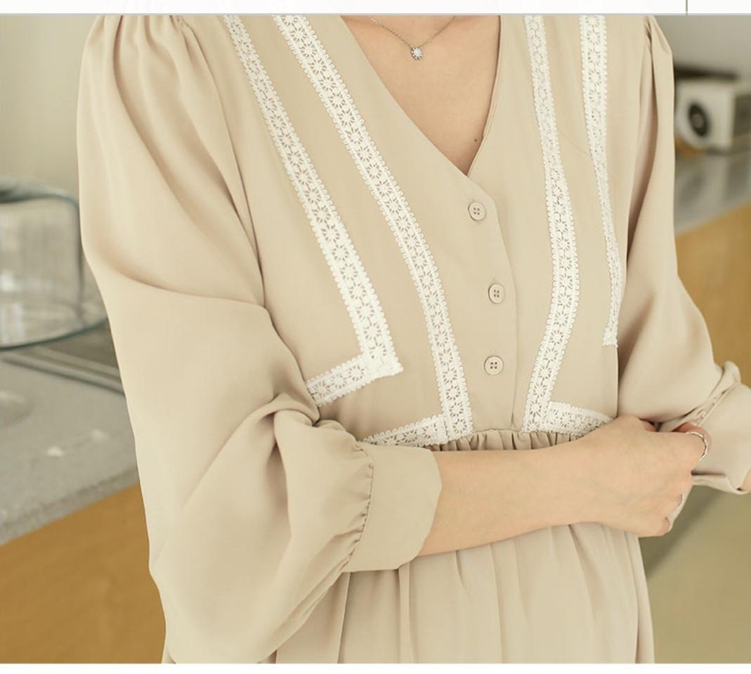 브이넥 레이스 포인트 임부복 청순 베이지 원피스
