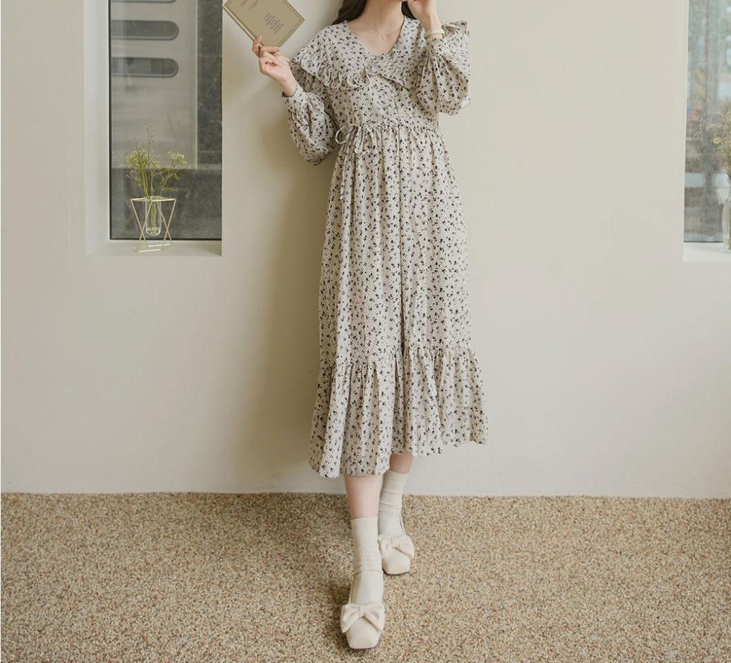 하늘 꽃 플라워 프릴 빅카라 롱 쉬폰 원피스 임부복 레이스카라