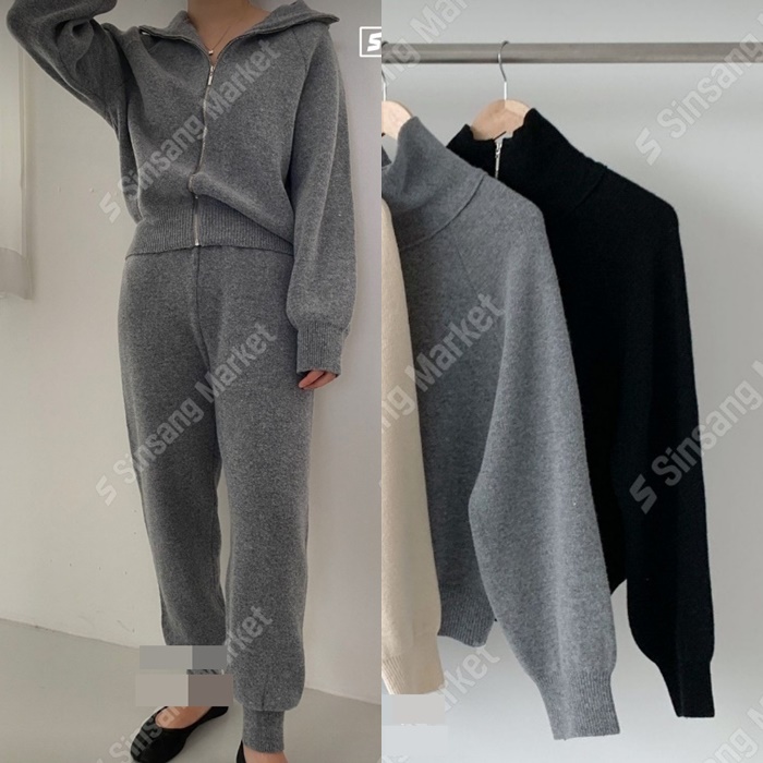 2C/르 울 하이퀄 하이넥니트집업+조거팬츠 셋업세트set투피스 그레이블랙