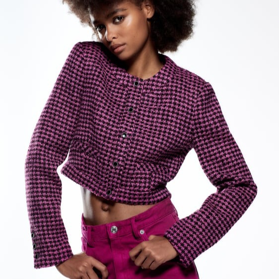 자라 스트럭처 크롭 핑크 트위드 자켓 (S)