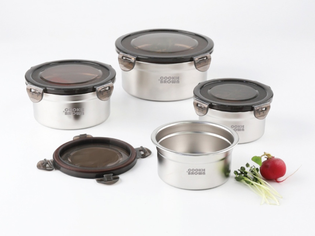 택포) 쿠키브라운 스테인리스 원형 밀폐용기 4종 세트