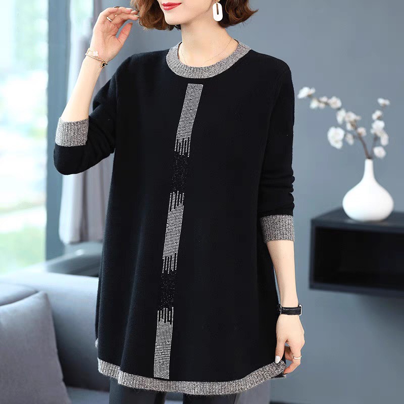 새옷(77~88)/여성 오버핏 큐빅 장식 울 롱 니트 티셔츠