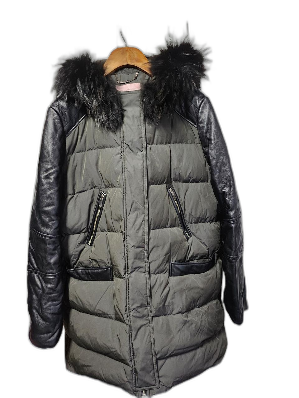 올리비아하슬러 천연모피(너구리털)배색양가죽100%덕다운패딩점퍼사이즈100