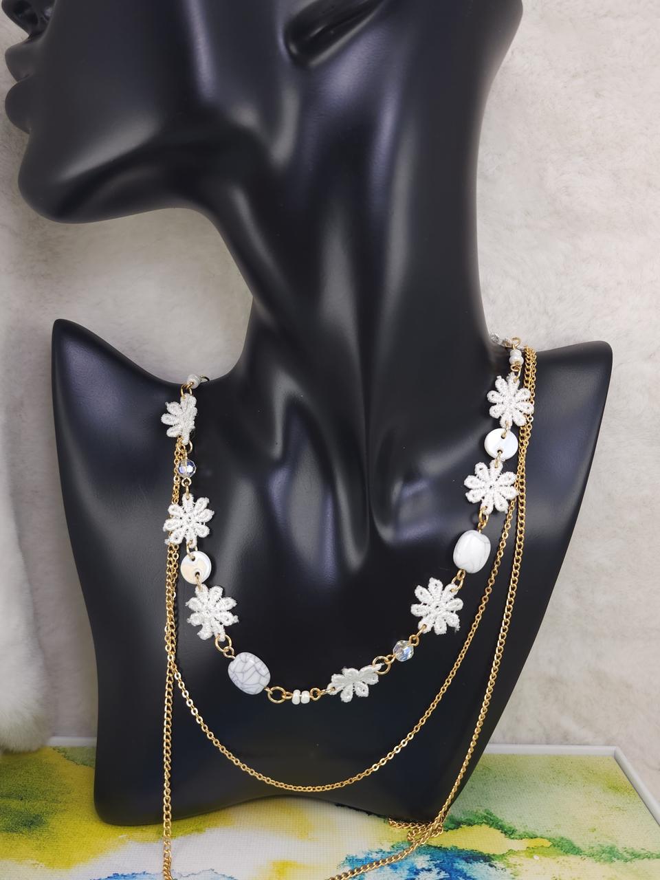 화이트 꽃잎 자개 단추 목걸이, 새상품