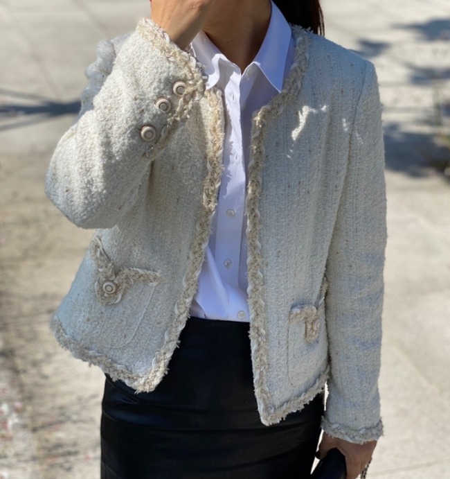 고급 보석 진주 단추 파스텔 트위드 자켓 재킷 아우터 정장 + 꽃 코사지