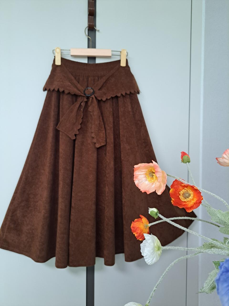 밤색 인조 세무 허리 넓은 리본 장식 후리아 롱 스커트