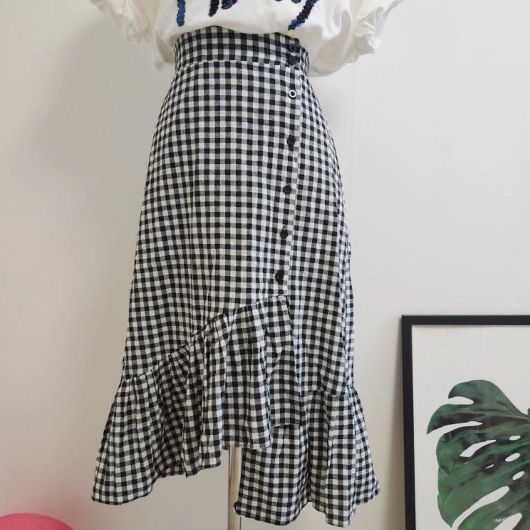 체크 언발 스커트