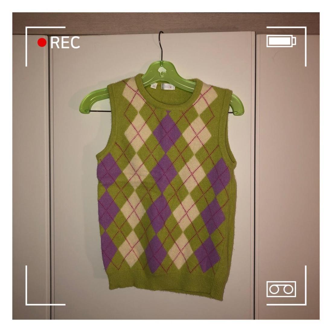 빈티지 키치st 그린퍼플 아가일 니트조끼