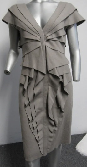 펜디 st 그레이 플리스 딥 V 플리츠 러플 캡 소매 드레스 양모 원피스