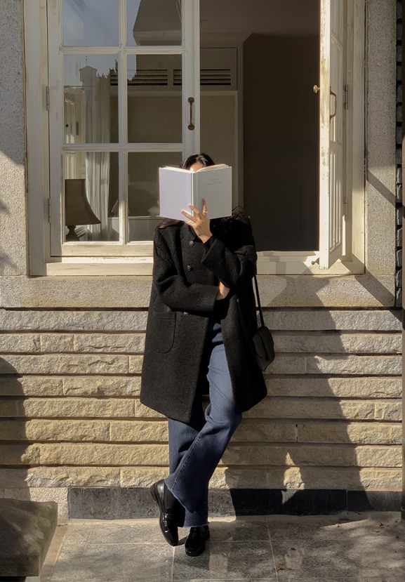 홈쇼핑 천연 모피 퍼 카라 울 오버 사이즈 더블 미디 코트 자켓 아우터