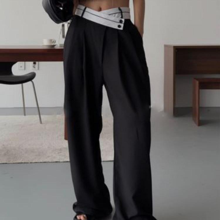 82. 라걸 언발 버튼 핀턱 슬랙스 와이드팬츠 블랙/M