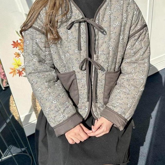 [새상품] 플라워 포켓 리본 누빔 퀼팅 점퍼 아메카지 꾸안꾸