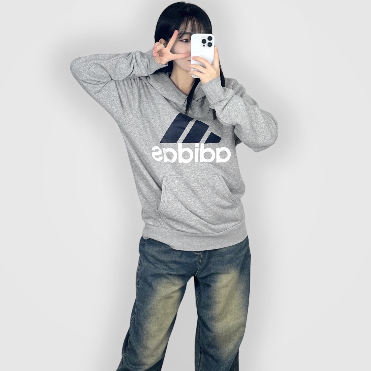 [중고] 아디다스 빅로고 후드티 그레이