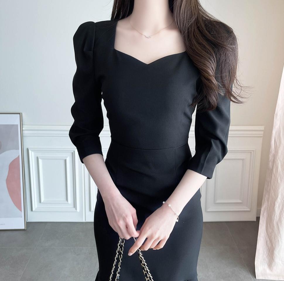 하트넥 퍼프 머메이드 원피스 프릴 하객룩