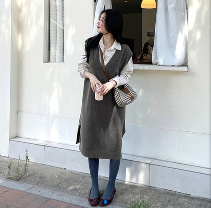 브이넥 레이어드  롱니트 조끼 원피스