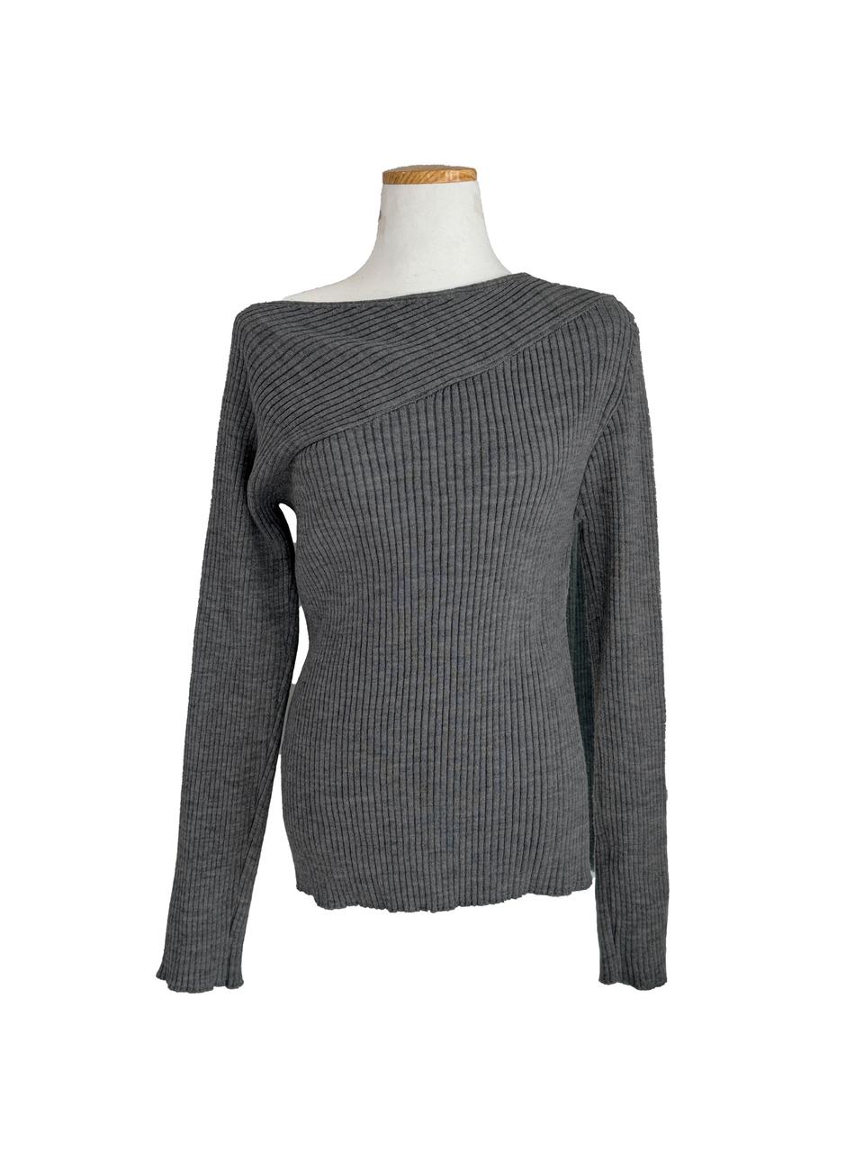 슬림핏 사선넥 골지니트 그레이