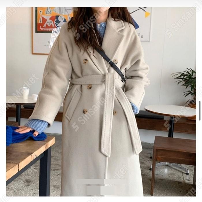 울90/컴히얼 호시 스티치 더블 벨트 스트랩 카키베이지 롱코트