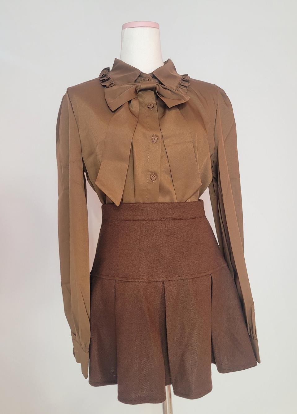 브라운 리본셔츠 플레어모직스커트 세트 팝니다