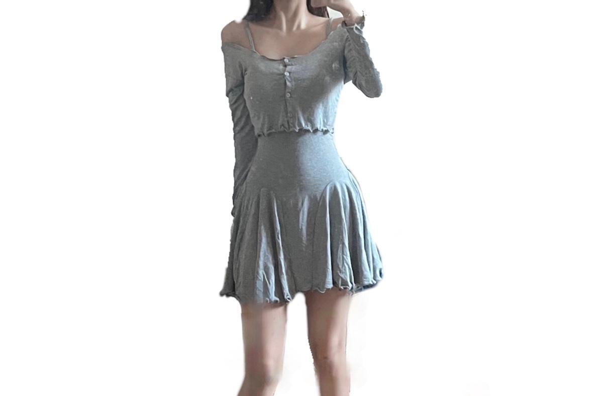 허리 슬림핏 갸루 러블리 오프숄더 차콜 카디건 페미닌그레이 가디건