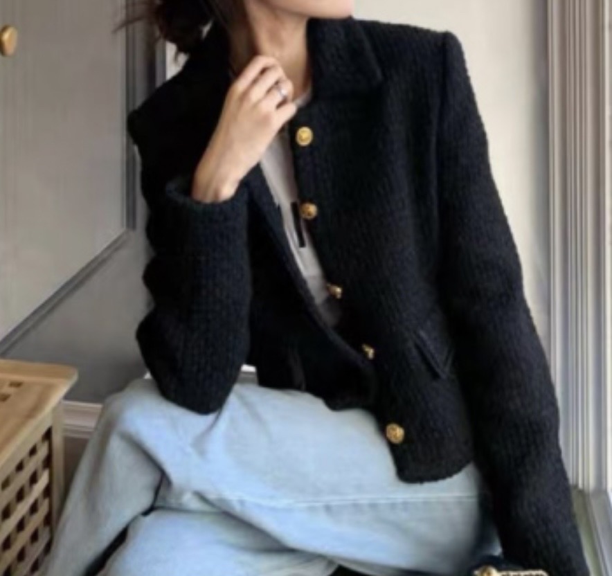 (FREE) 블랙 울 트위드 크롭 자켓