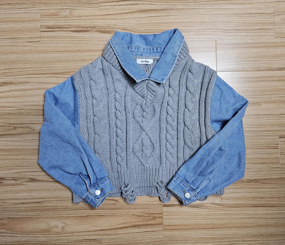 니트 레이어드 데님 셔츠