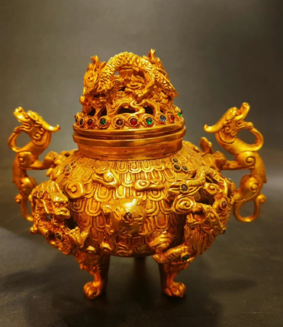 옛날 유금 보석 구룡 향로