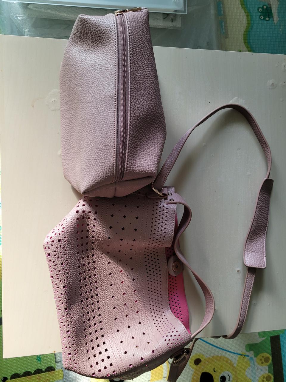 핑크 여성 가죽 토트백 숄더백 + 파우치