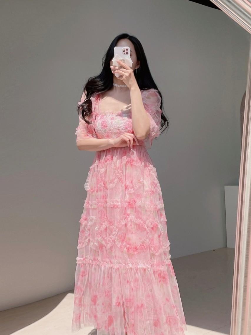 새상품) 꽃잎 스모크 밴딩 롱원피스(2color)