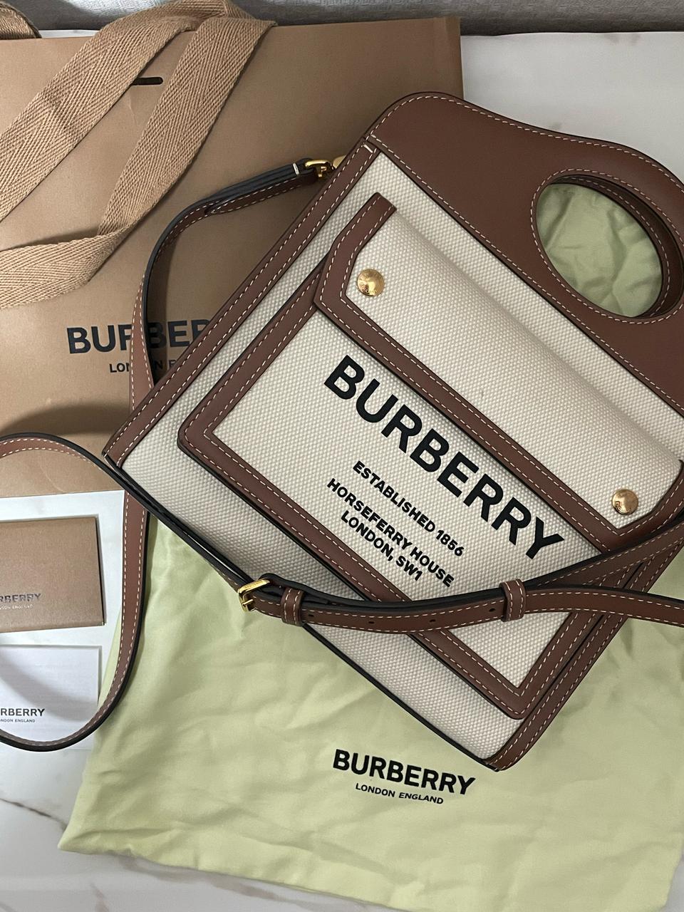 버버리 미니 투톤 캔버스 레더 토트백 크로스백 정품