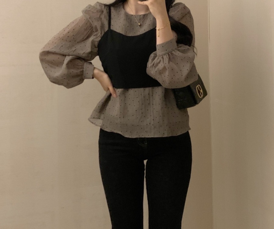 Ee96  ♦2만원♦뷔스트에 /도트셔링 퍼프블라우스/세트