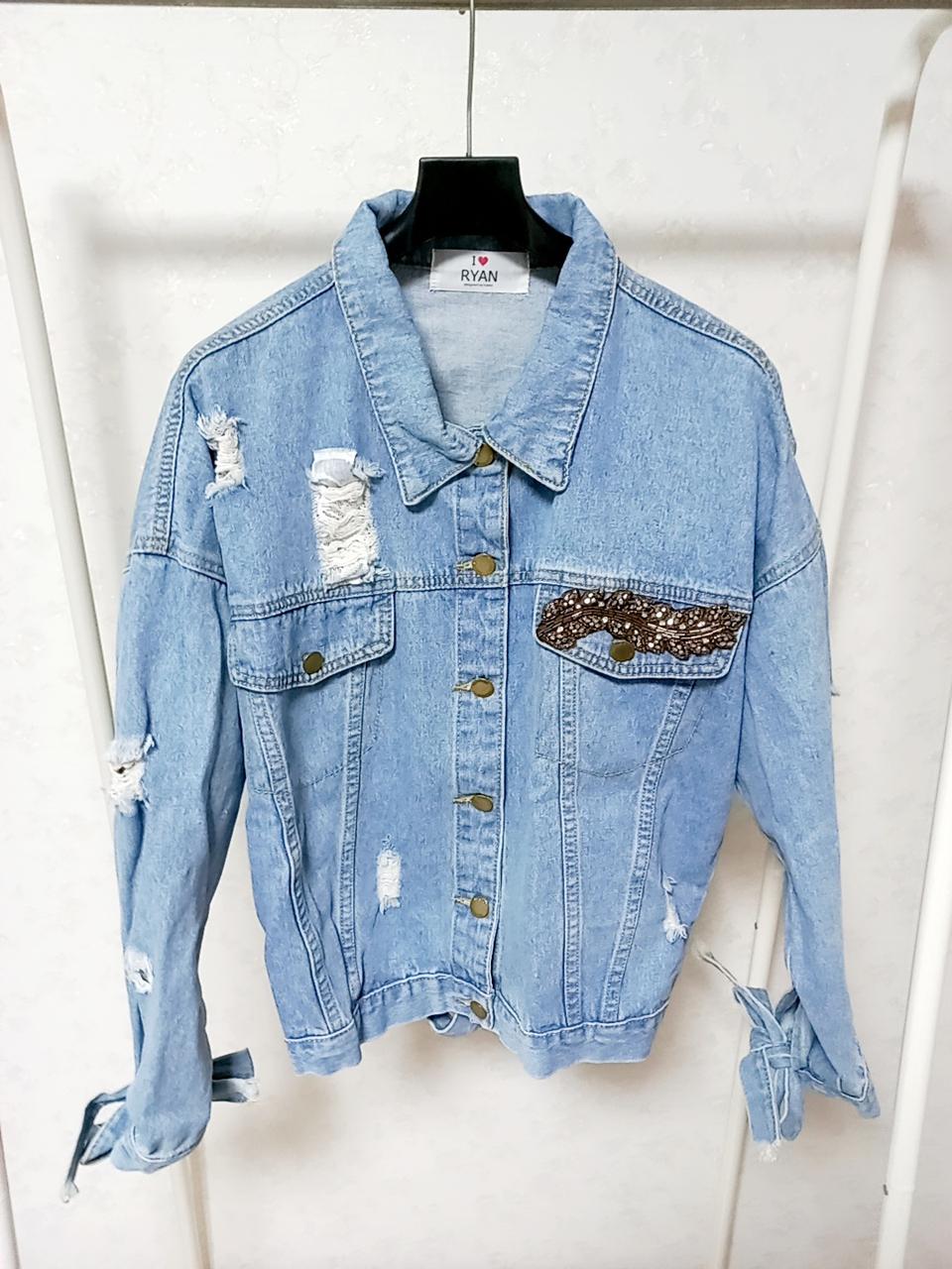 쎄일택포!여L)상태상)리본 비즈장식 청자켓