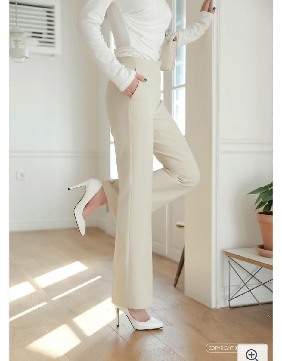 베이지 스판 세미 부츠컷 슬랙스 L