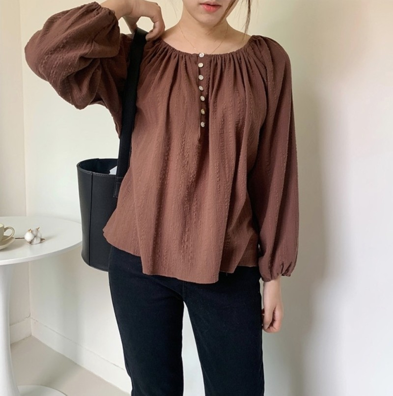 고고싱 라운드 코튼 블라우스 래글런 버튼 벌룬 가을 브릭 버건디 대추