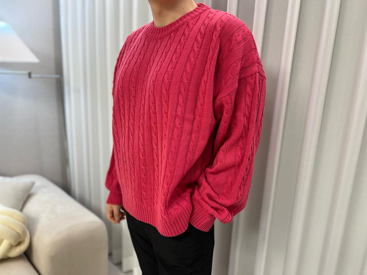 # (남녀공용) 핫 핑크 꽈배기 니트 오버핏 루즈핏