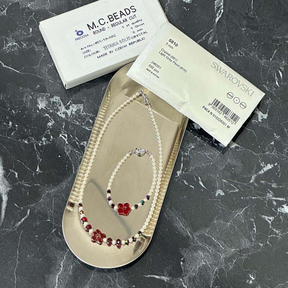 손공예 체코 글라스 A급 스와로브스키 진주 팔찌 목걸이