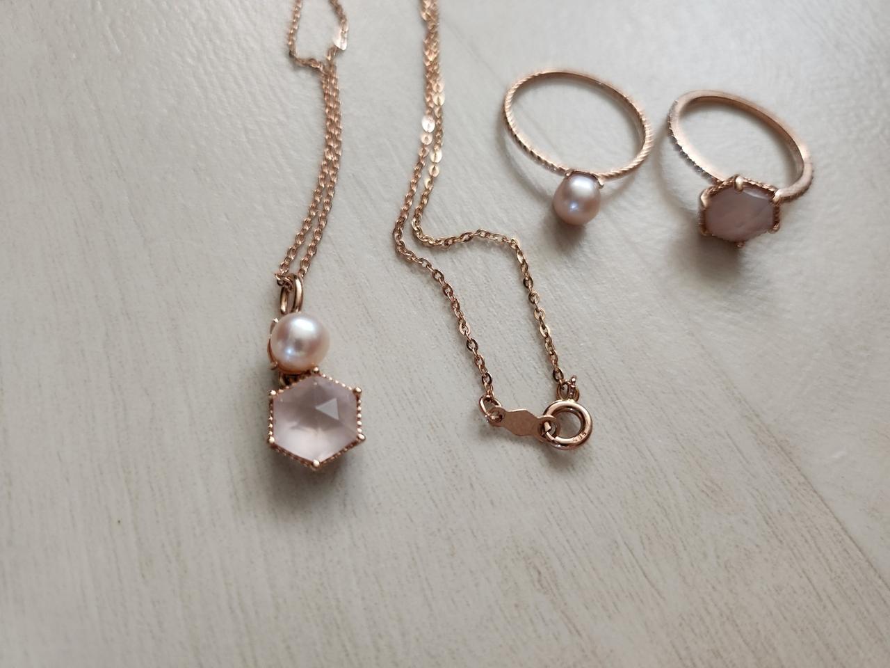 14k 로즈쿼츠 목걸이 반지 세트