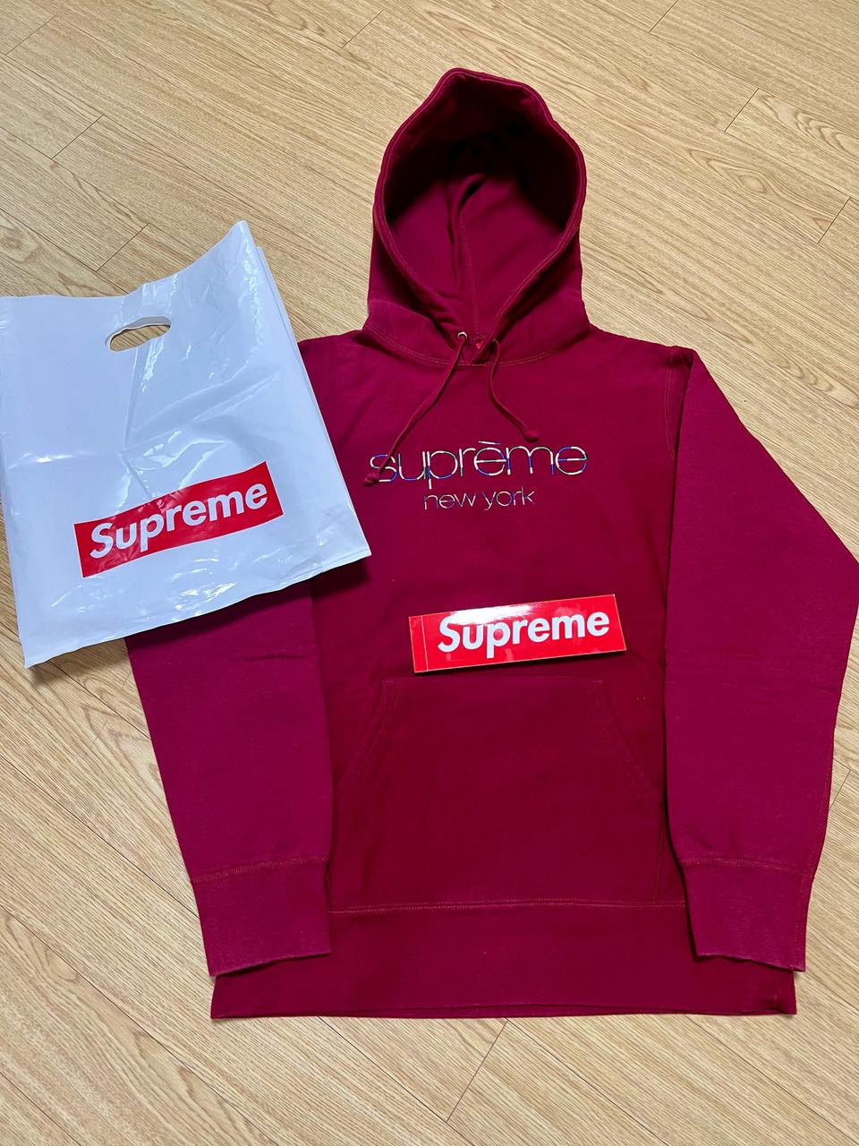 슈프림 멀티 컬러 로고 클래식 후드 버건디