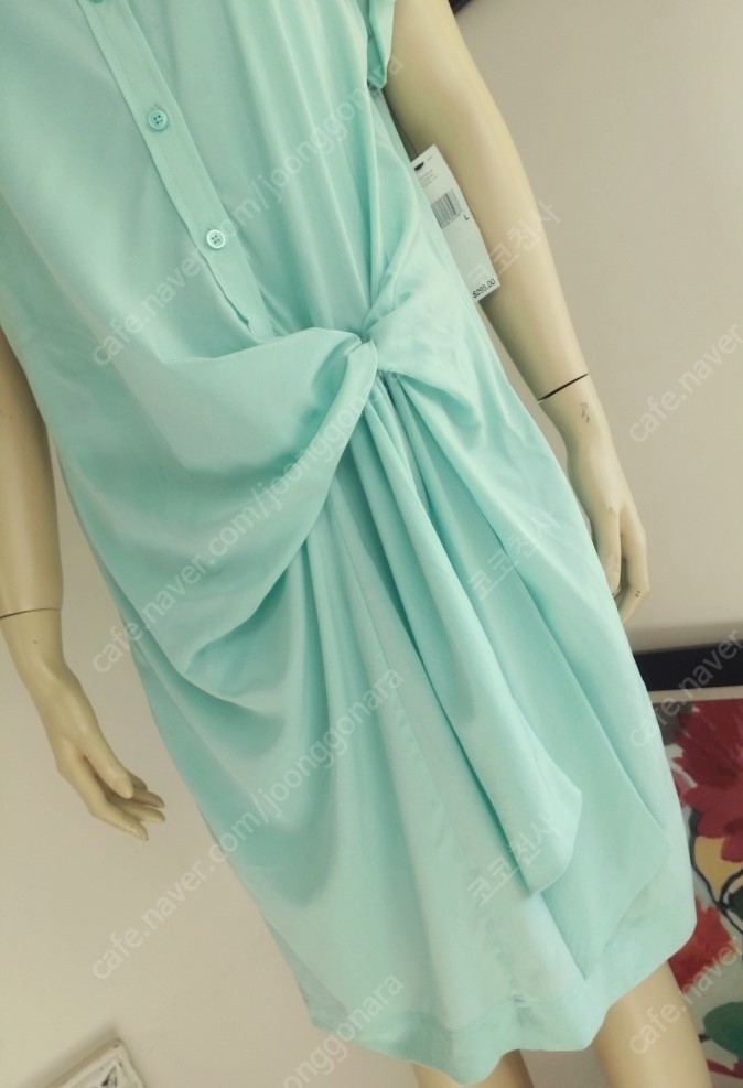 DKNY 실크 스판 셔츠 원피스 드레이핑 셔링 민트그린 노카라 롱셔츠 S