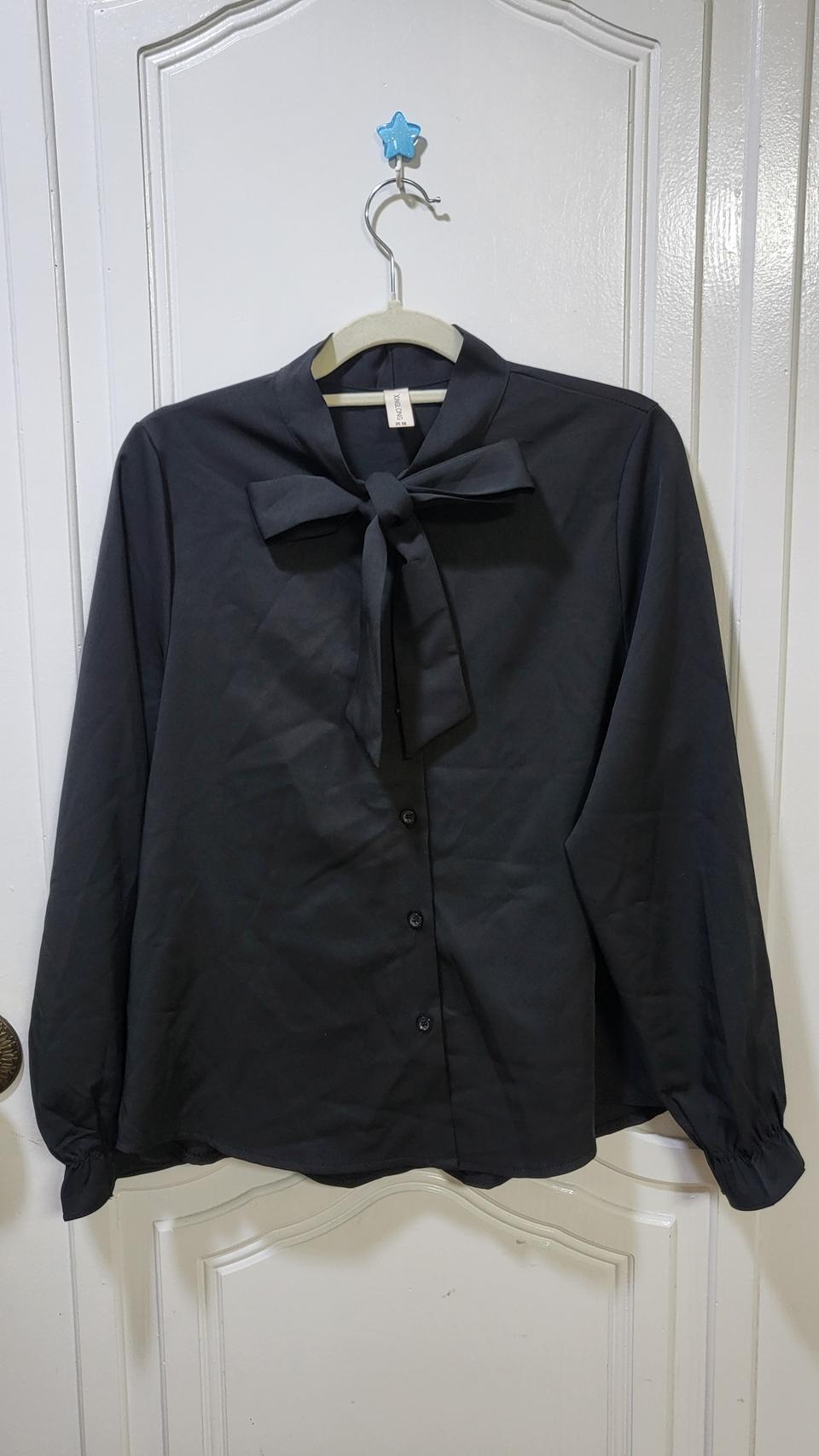 블랙 블라우스 블랙 와이셔츠 긴팔셔츠 리본 셔츠 검정 티셔츠