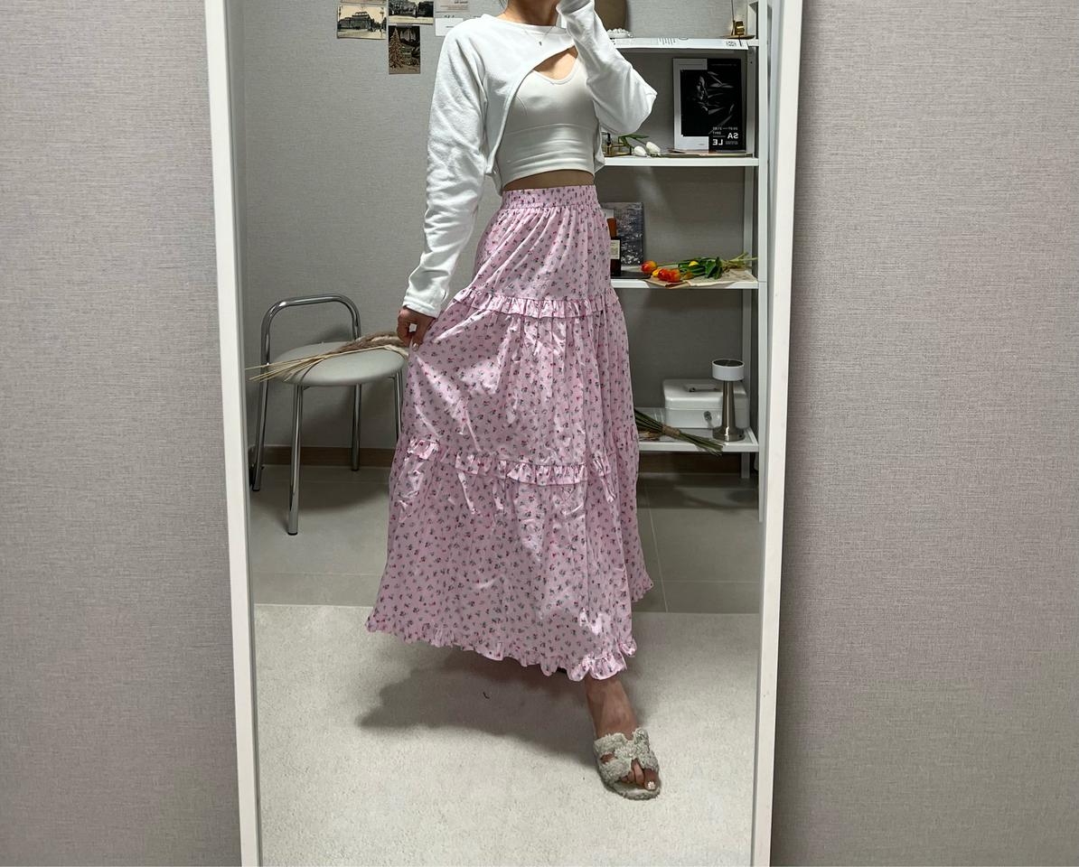 # 핑크 캉캉 롱 스커트 꽃무늬 밴딩 치마