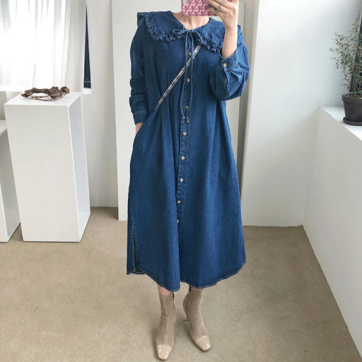 프릴 카라 데님 셔츠 원피스 임산부 만삭 원피스 청치마 임부복 하객