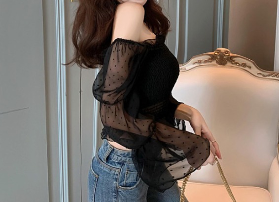 H&M 에이치엠 도트 패턴 오프 숄더 레이스 탑 섹시 망사 크롭 블라우스