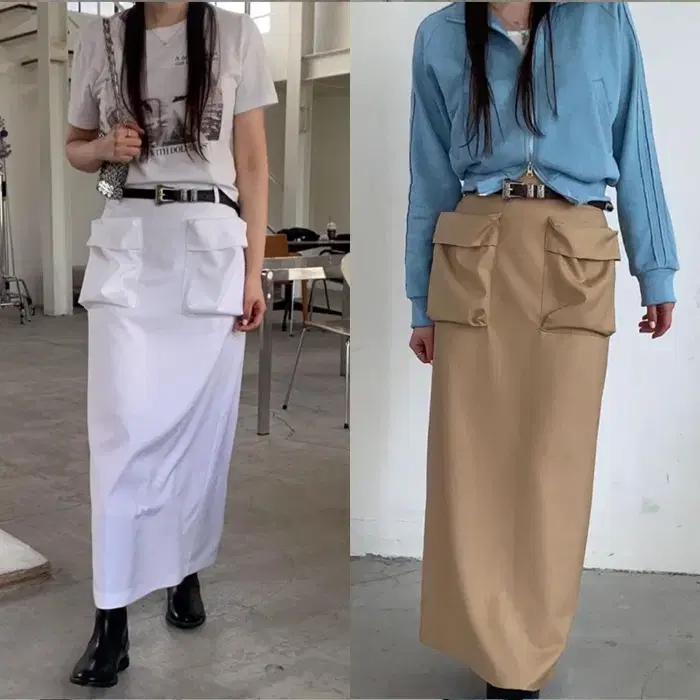 에그이즈 아웃포켓 맥시 롱 화이트 베이지 뒷트임 스커트 치마 S