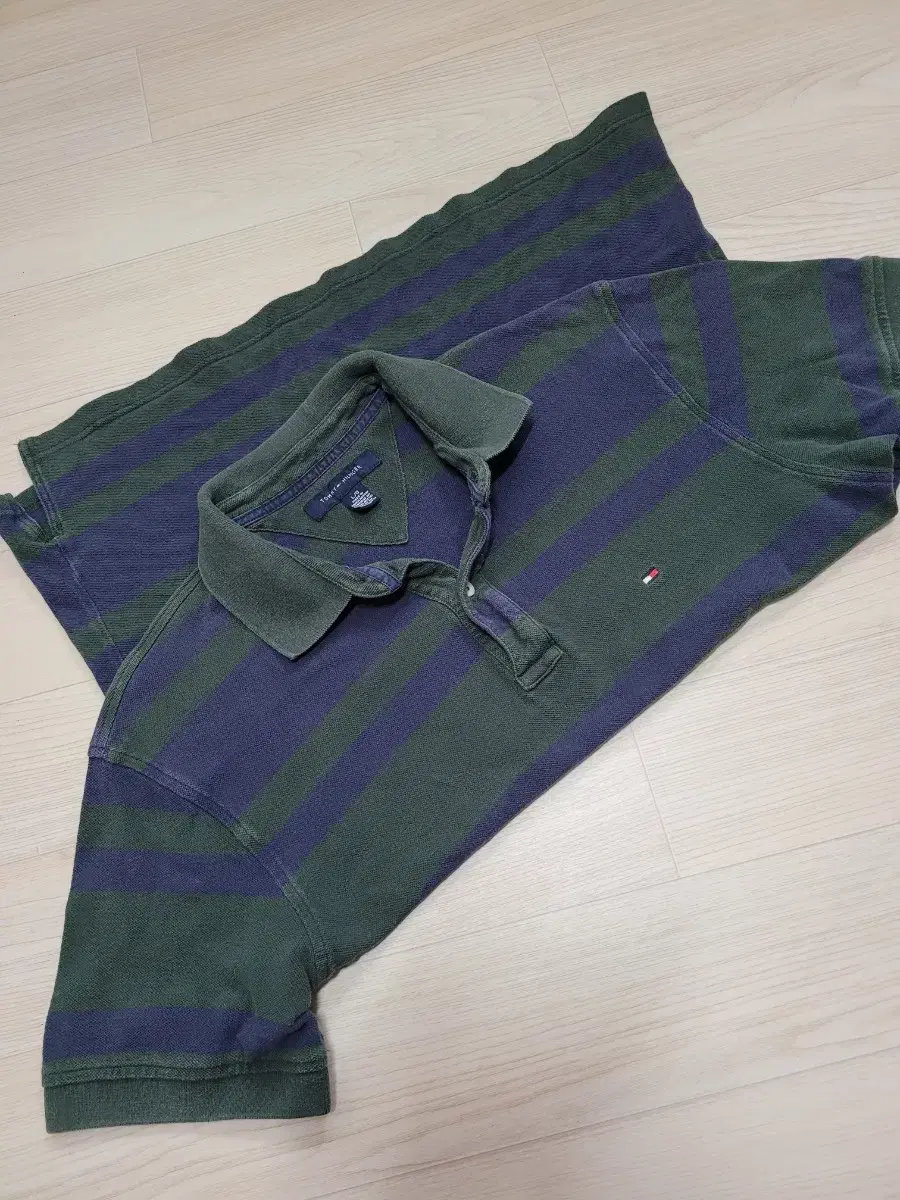 타미힐피거 스트라이프 럭비 반팔 카라티 헤비올리브 XL