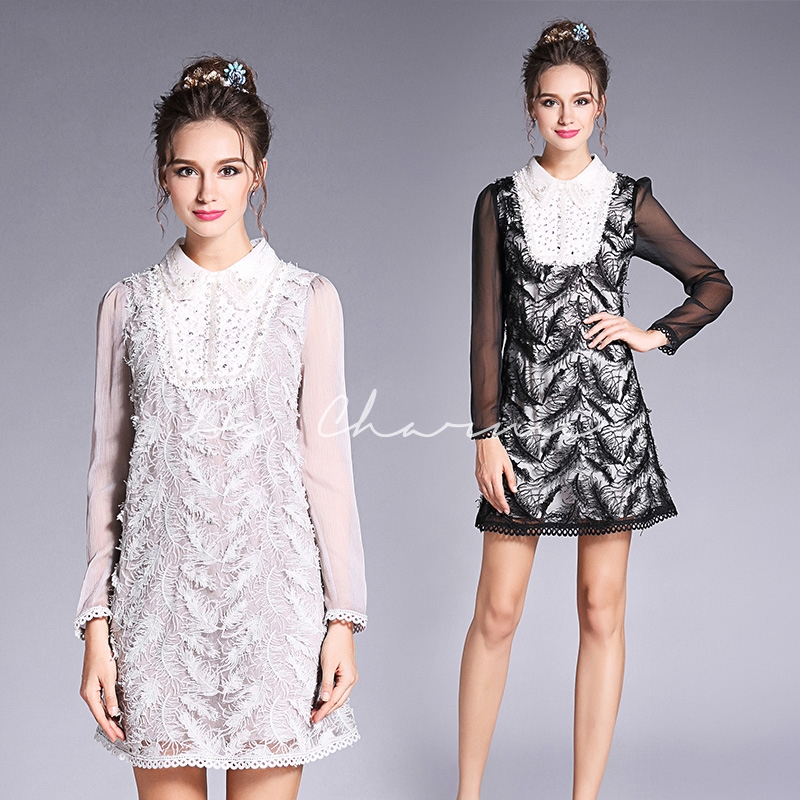 [새상품] 깃털장식 시스루원피스 하객원피스 럭셔리원피스 수입원피스