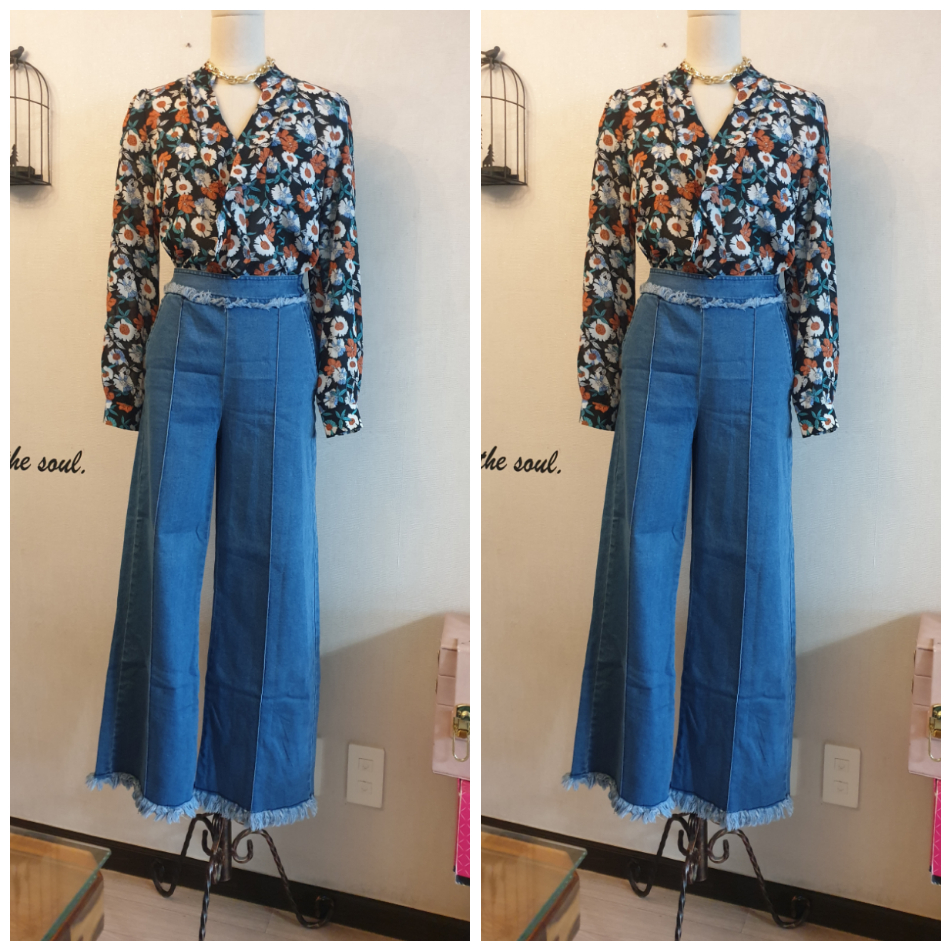 플라워 프릴 쉬폰 블라우스& 나팔 청바지 (일괄)