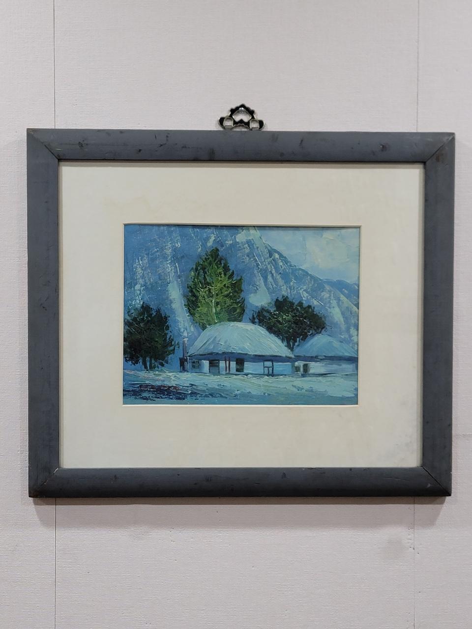 1970년대 겨울초가집 유화 그림