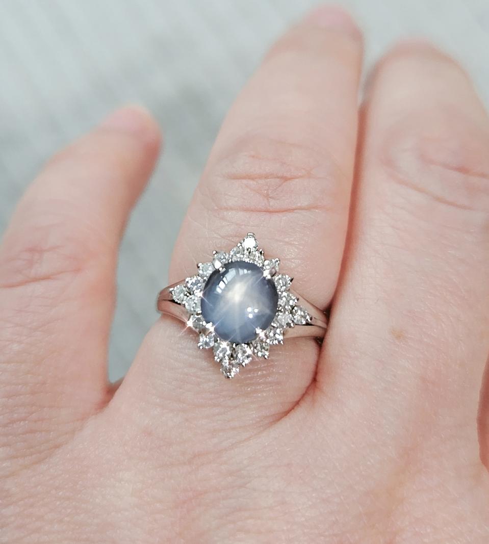 10내림)플래티넘(PT900)천연 다이아와 스타 사파이어 예물반지